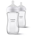 Set de 2 biberoane de sticla borosilicata pentru nou-nascuti Philips Avent Natural Response, SCY933/02, 240 ml, tetina debit 3, 1 luna +