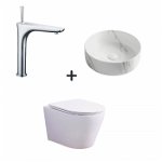 Set vas wc rimless cu capac soft close, lavoar baie rotund, ventil inclus si baterie chiuveta Foglia, Foglia