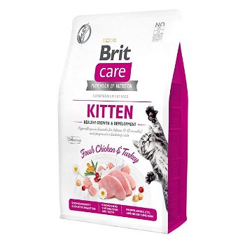 Brit Care Kitten Healthy Growth & Development, Pui și Curcan, hrană uscată fară cereale pisici junior, 2kg, Brit Care