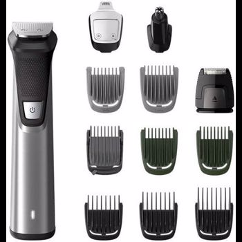 Kit ingrijire 12 in 1 pentru fata, cap si corp Philips Multigroom MG7735/15, 12 instrumente, tehnologie DualCut, Perie Curatare, Husa depozitare, Acumulator, Argintiu/Negru