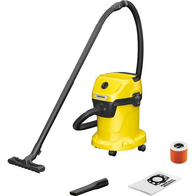 Aspirator multifunctional Karcher WD 3 V-17/4/20, Aspirare umeda si uscata, 17 l, Furtun 2 m, 1000 W, Sac filtru din hartie, Functie de suflare (Galben/Negru), Karcher