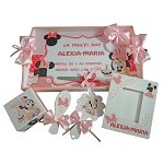 Set mot Baby Minnie Mouse, 7 piese, personalizat, din lemn, cu fundite roz, ornamente multicolore DSPH010