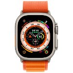 Smartwatch Apple Watch Ultra Cellular, ecran LTPO OLED, Bluetooth, Wi-Fi, GPS, Bratara textil M 49mm, Carcasa titanium, Rezistent la apa 10ATM (Portocaliu) , Apple