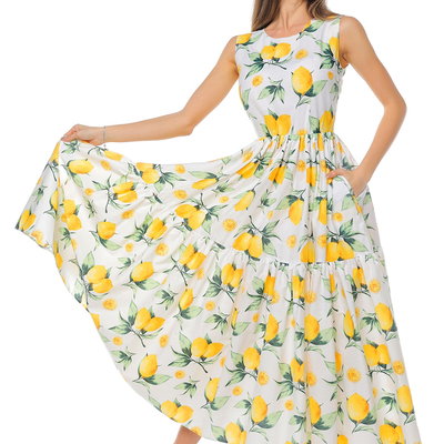 Rochie evazata fara maneci cu buzunare laterale - Alb/Verde/Galben, CAMISSI