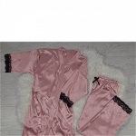 Pijama roz pudra din satin cu dantela set 5 piese, Elegibo