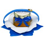 Marturii dulci cu miere, model handmade Zumzet dulce - albastru, borcan 50 gr - DSBC1690