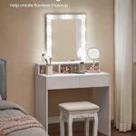 Masa de toaleta / machiaj cu oglinda si iluminare LED, Vasagle, 80 x 40 x 145 cm, PAL/sticla, alb, Vasagle