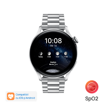Smartwatch Huawei Watch 3, Display AMOLED HD 1.43", 2GB RAM, 16GB Flash, Bluetooth, NFC, GPS, Wi-Fi, 4G, Carcasa Otel, Rezistent la apa 5 ATM, Andorid/iOS (Argintiu)