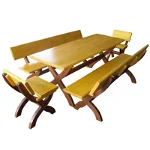 Set masa dreptunghiulara, cu 2 scaune si 2 banci, pentru gradina, din lemn