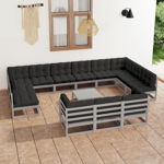 Set mobilier gradina cu perne vidaXL, 14 piese, gri, lemn masiv de pin, 70 x 70 x 67 cm, 66.9 kg