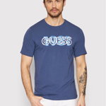 GUESS JEANS, Tricou din amestec de bumbac cu imprimeu logo si text, Alb, Albastru prafuit, XL