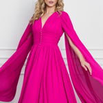 Rochie Dy Fashion fucsia cu nasturi pe bust si maneci ample din voal, 