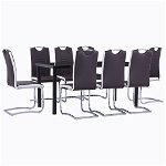 Set mobilier de bucatarie cu masa blat sticla securizata si 8 scaune cu maner tapitate vidaXL, Piele artificiala, 160 x 80 x 75 cm, Maro