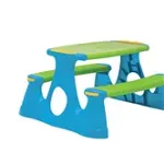 Set mobilier gradina pentru copii OMC, masa si doua bancute din plastic, dimensiuni 90x88x48 cm, verde/albastru
