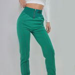 Pantaloni sport Bloston, cu talie inalta si corset, Verde, FashionForYou