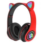 Casti wireless pliabile cu urechi de pisica iluminate LED, Bluetooth 5.0, Bass Stereo, ROSU, 