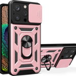 Husa Hybrid Armor Camshield pentru iPhone 14 Pro cu capac pentru camera roz, ForIT