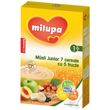 Cereale Milupa Junior fara lapte, 7 cereale cu 5 fructe, 250 g, de la 1 an