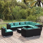 Set mobilier de gradina cu perne vidaXL, 10 piese, negru, poliratan, 60 x 60 x 30 cm, 78 kg