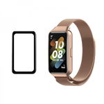 Set bratara smartwatch pentru Huawei Band 7 din otel inoxiabil, mesh, si folie de protectie ecran din sticla, rose-gold