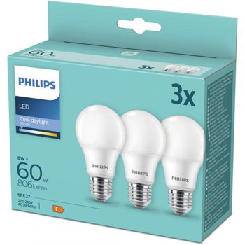 Set of 3 light bulbs led philips a60, e27, 8w (60w), 806 lm, cold light (6500k)