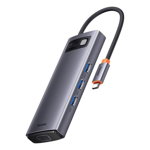 Adaptor Metal Gleam 6in1, Baseus, HUB USB-C - 3x USB3.0, HDMI, VGA 100W PD, Gri