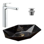 Pachet lavoar Rea Vegas negru, baterie lavoar Hansgrohe Vernis Shape 190 negru mat si ventil lavoar universal negru