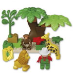 Set constructie cuburi din plastic pentru copii Unico Safari Animale salbatice, 18 piese multicolore si stickere personalizare