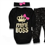 Compleu Mini Boss, Roz, 3 Piese, Body, Pantaloni si Bentita, 100% Bumbac, Pentru Fetite, 0-6 luni, CaroKids