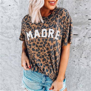 Tricou casual vintage pentru femei, cu imprimeu leopard ?i maneca scurta, Neer