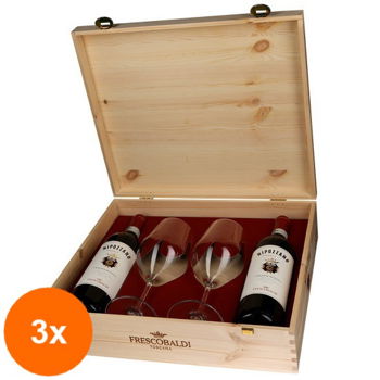 Pachet 3 x Set Vin Rosu Frescobaldi Chianti Rufina Italia Nipozzano Riserva, Sec Docg 0.75L 2 Sticle + 2 Pahare In Cutie Lemn