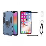 Set protectie 3 in 1 pentru IPHONE X / XS cu husa hybrid antisoc cu stand inel, folie sticla ceramica fullsize, 2 folii sticla pentru camera si breloc cadou, dark blue, krasscom