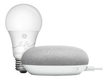 ! Kit Boxa Inteligenta Google Home Mini Cu Asistent Vocal Si Bec Inteligent GE C-Life, Google Asistant (Alb)