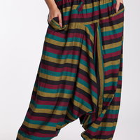 Salvari unisex din bumbac cu dungi multicolore si snur reglabil Rasta