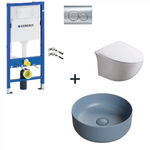 Set vas wc rimless cu capac soft close, lavoar baie albastru mat rotund si rezervor wc cu clapeta crom, Foglia