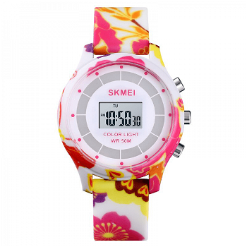 Ceas de copii SKMEI 1596 digital alarma cronometru iluminare waterproof 5ATM flori roz