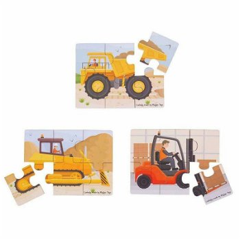 Set 3 puzzle din lemn - Vehicule pentru constructii, BIGJIGS Toys, 2-3 ani +, BIGJIGS Toys