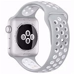 Curea iUni compatibila cu Apple Watch 1/2/3/4/5/6, 44mm, Silicon Sport, Argintiu/Alb