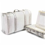 Set 2 valize decorative din lemn alb vintage decorate cu piele ecologica 45 cm x 19.5 cm x 31 h
