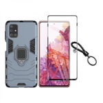 Set protectie 2 in 1 pentru Samsung Galaxy M51 SM-M515 cu husa hybrid antisoc cu stand inel si folie sticla ceramica fullsize si breloc cadou dark blue