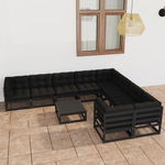 Set mobilier gradina cu perne vidaXL, 10 piese, negru, lemn masiv pin, 70 x 70 x 67 cm, 69.64 kg