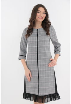 Rochie din stofa in carouri gri-roz si volanas la tiv, Vanessa Line