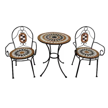 Set masa rotunda, cu 2 scaune, pentru gradina, din metal cu mozaic
