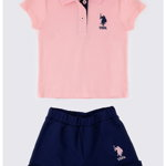 U.S. Polo Assn., Set de tricou si pantaloni scurti cu logo brodat, Roz/Bleumarin