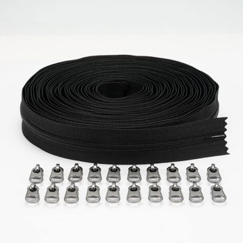 Set de rola cu fermoar si 20 glisoare, negru, nailon/metal, 9 m