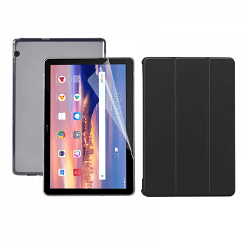 Set 3 in 1 husa carte husa silicon si folie protectie ecran pentru Huawei MediaPad T3 10 9.6 inch negru, KRASSUS