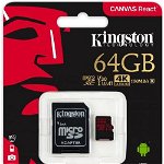 Card de memorie Kingston Canvas React, microSDXC, 64 GB, 100 MB/s Citire, 80 MB/s Scriere, Clasa 10 UHS-I V30 + Adaptor SD