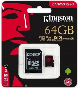 Card de memorie Kingston Canvas React, microSDXC, 64 GB, 100 MB/s Citire, 80 MB/s Scriere, Clasa 10 UHS-I V30 + Adaptor SD