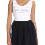 Balmain Bodysuit With Metallic White Balmain Logo Culoarea White