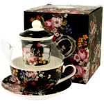 Set ceasca de ceai, farfurioara si ceainic Duo, Vintage Flowers, portelan, multicolor - DUO, Multicolor, DUO